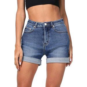 Women's Juniors Stretchy Denim High Waisted Folded Hem Curvy Fit Jeans Shorts (U